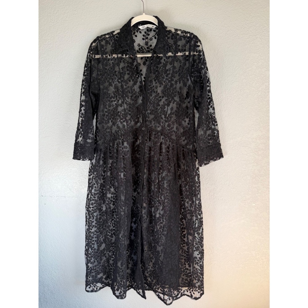 Zara Womens Black Semi Sheer Floral Lace Embroidered Midi Shirt Dress S